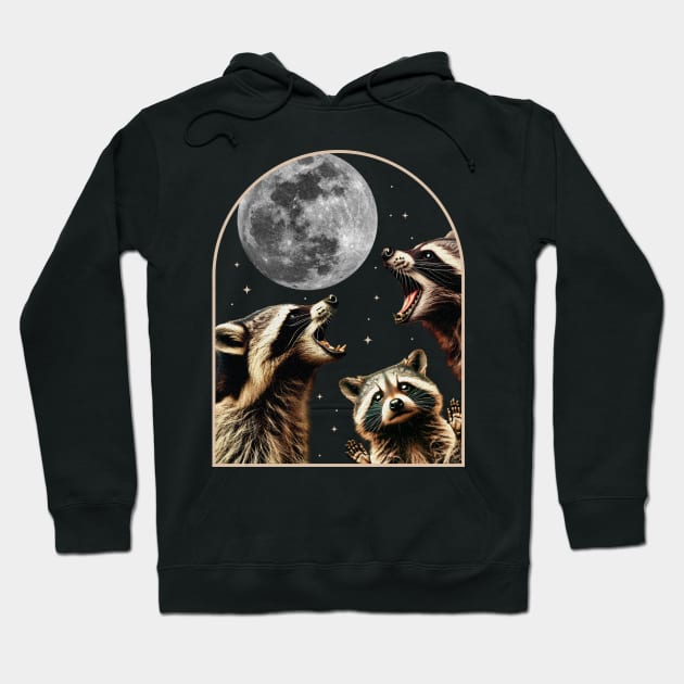 Three Racoons Howling At Moon - Funny Raccoon Cursed Meme Hoodie by OrangeMonkeyArt